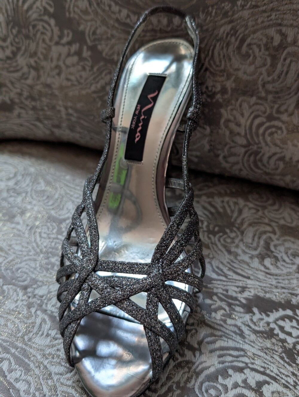 Nina Metallic Silver Glitter Slingback Heels - Worn One Time